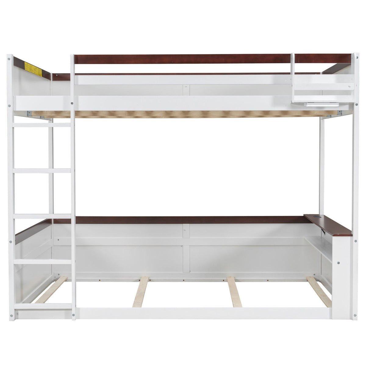 Bunk bed by HouseOfZazla in white metal with brown wood accents and guard rail on Tampa Home & Garden Store