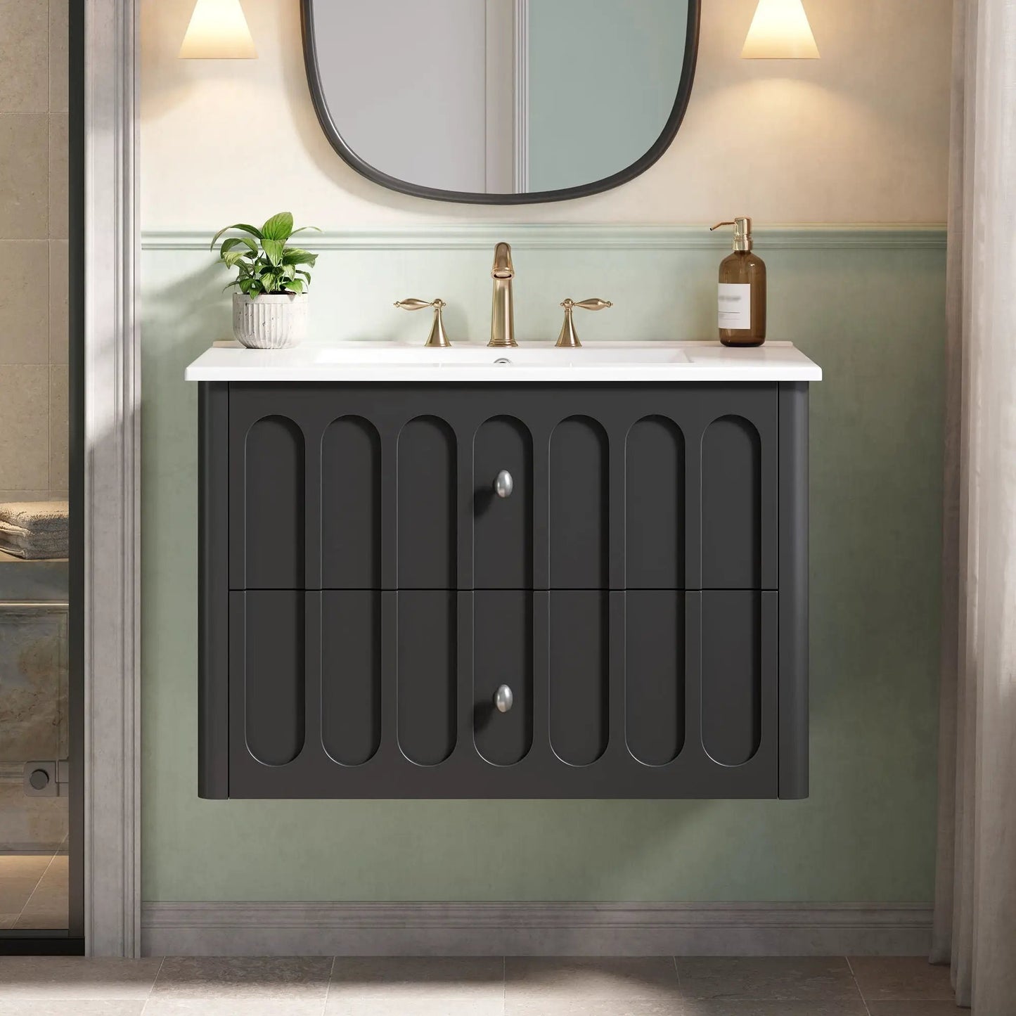 Floating gray bathroom vanity with brass hardware, oval knobs, soft-close drawers on Tampa Home & Garden Store