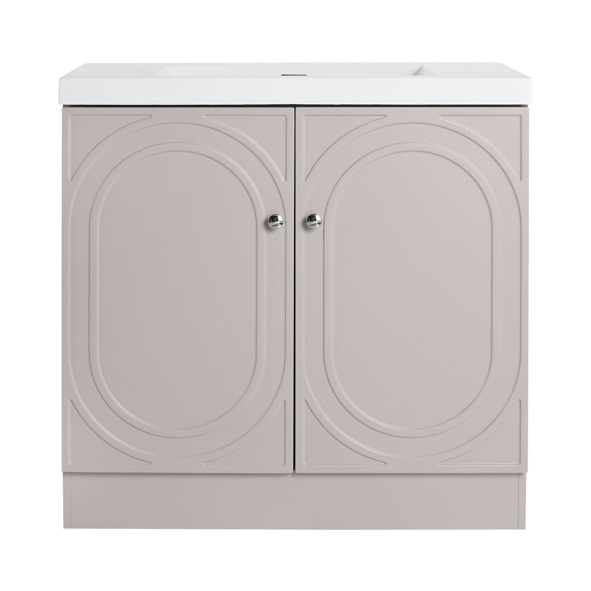 Freestanding Bath Vanity with Resin Sink and Door, beige-gray cabinet, white top, chrome knobs on Tampa Home & Garden Store