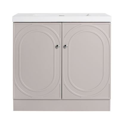 Freestanding Bath Vanity with Resin Sink and Door, beige-gray cabinet, white top, chrome knobs on Tampa Home & Garden Store