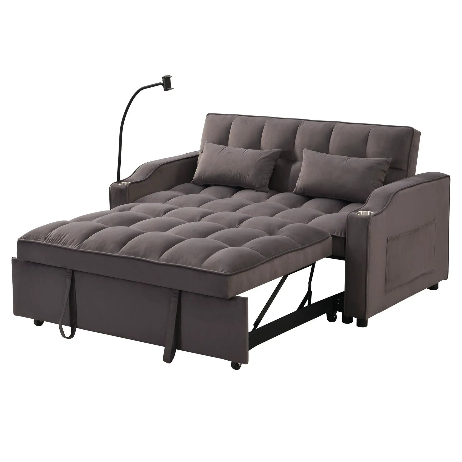 Gray tufted sleeper loveseat futon with pullout bed, adjustable backrest, and cup holders on Tampa Home & Garden Store