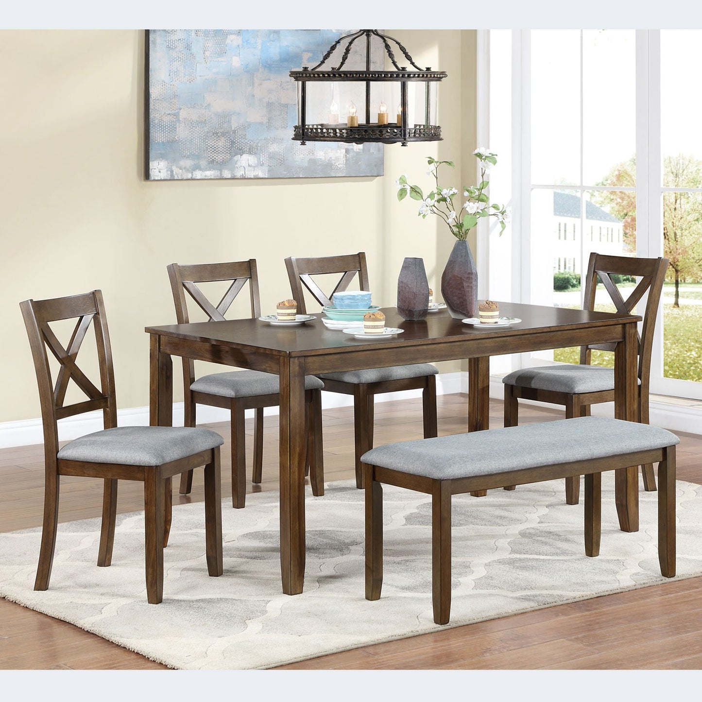 Six Piece Dining Set With A Bench And Four Chairs