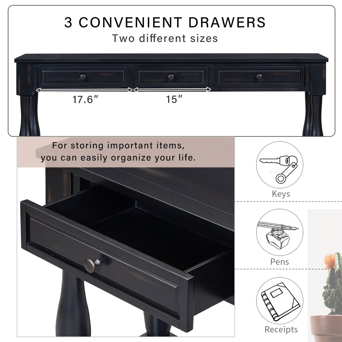 TREXM 63-inch black console table with 3 drawers and shelf on Tampa Home & Garden Store