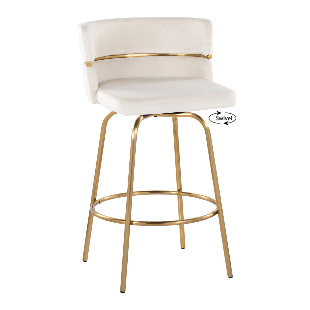 Glam Art Deco fixed-height counter stool with beige upholstery, gold metal frame, swivel on Tampa Home & Garden Store