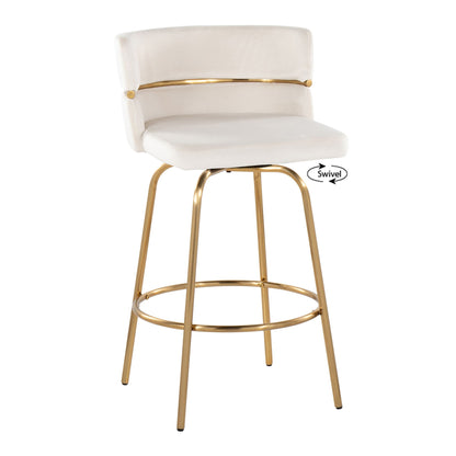 Glam Art Deco fixed-height counter stool with beige upholstery, gold metal frame, swivel on Tampa Home & Garden Store