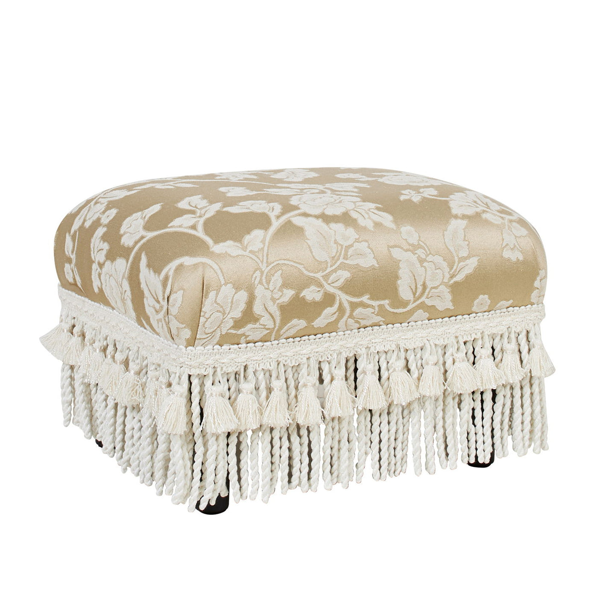Handcrafted beige damask footstool ottoman with cream fringe and solid wood legs on Tampa Home & Garden Store