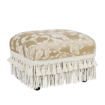 Handcrafted beige damask footstool ottoman with cream fringe and solid wood legs on Tampa Home & Garden Store