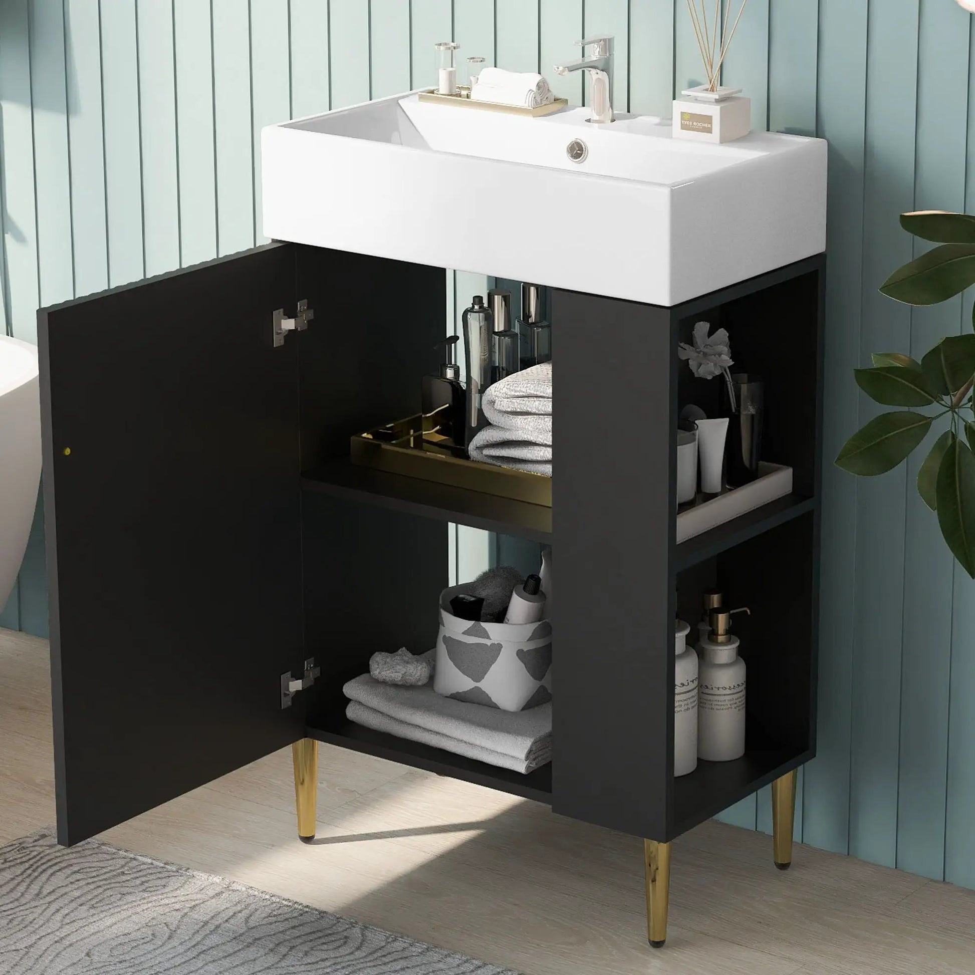Bathroom vanity with ceramic sink on black cabinet with gold legs by Unique Piece Furniture on Tampa Home & Garden Store