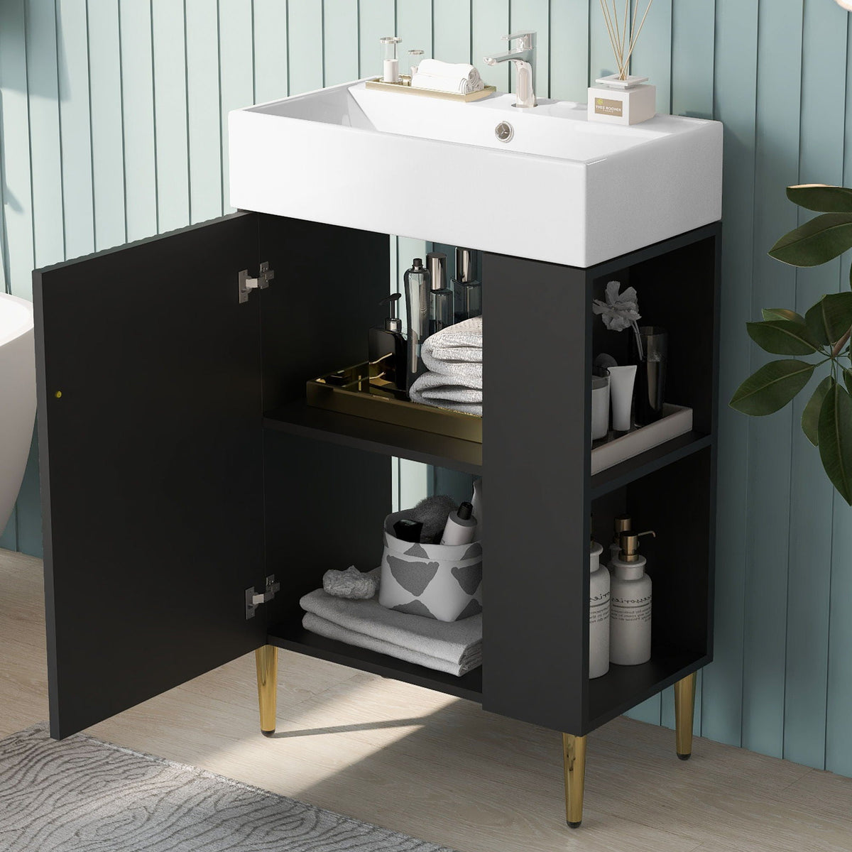 Bathroom vanity with single ceramic sink and side storage, black cabinet, white top on Tampa Home & Garden Store