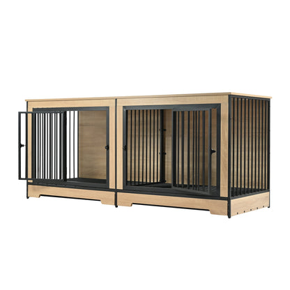 Dog Crate Furniture with Two Combined Rooms by HouseOfZazla, wood frame with black metal pens on Tampa Home & Garden Store