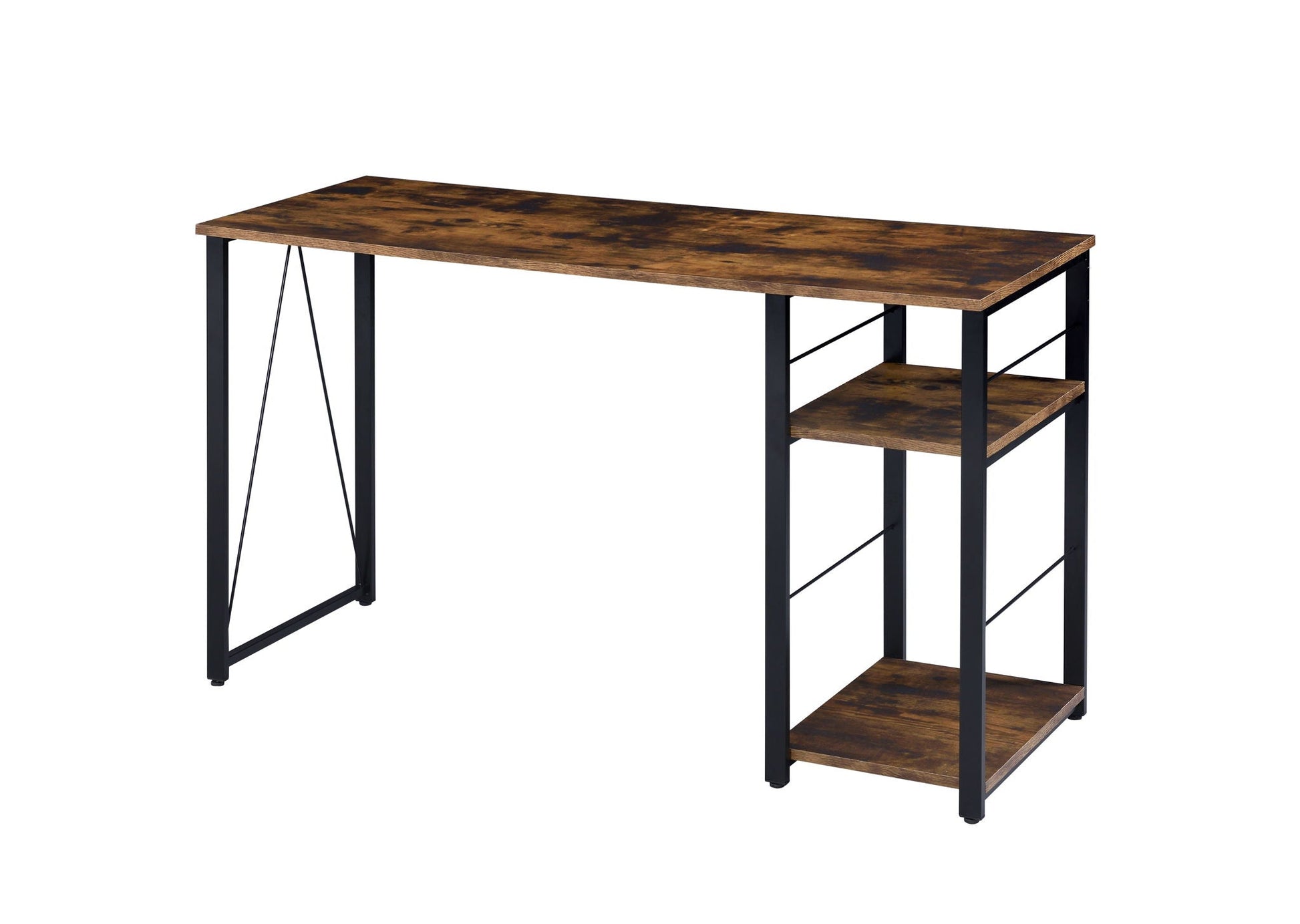 Vadna writing desk with warm wood top and black metal frame with side shelves on Tampa Home & Garden Store