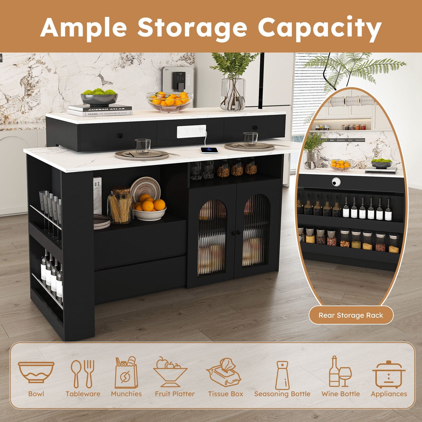 Kitchen Island with extendable rotating table, black, marble top, 4 drawers, glass doors on Tampa Home & Garden Store