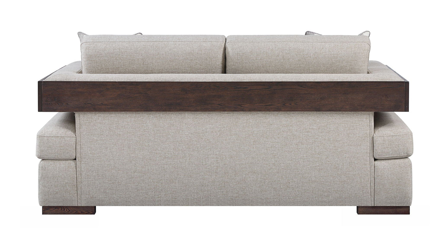 Niamey loveseat HouseOfZazla walnut wood frame with beige upholstery 2 toss pillows on Tampa Home & Garden Store