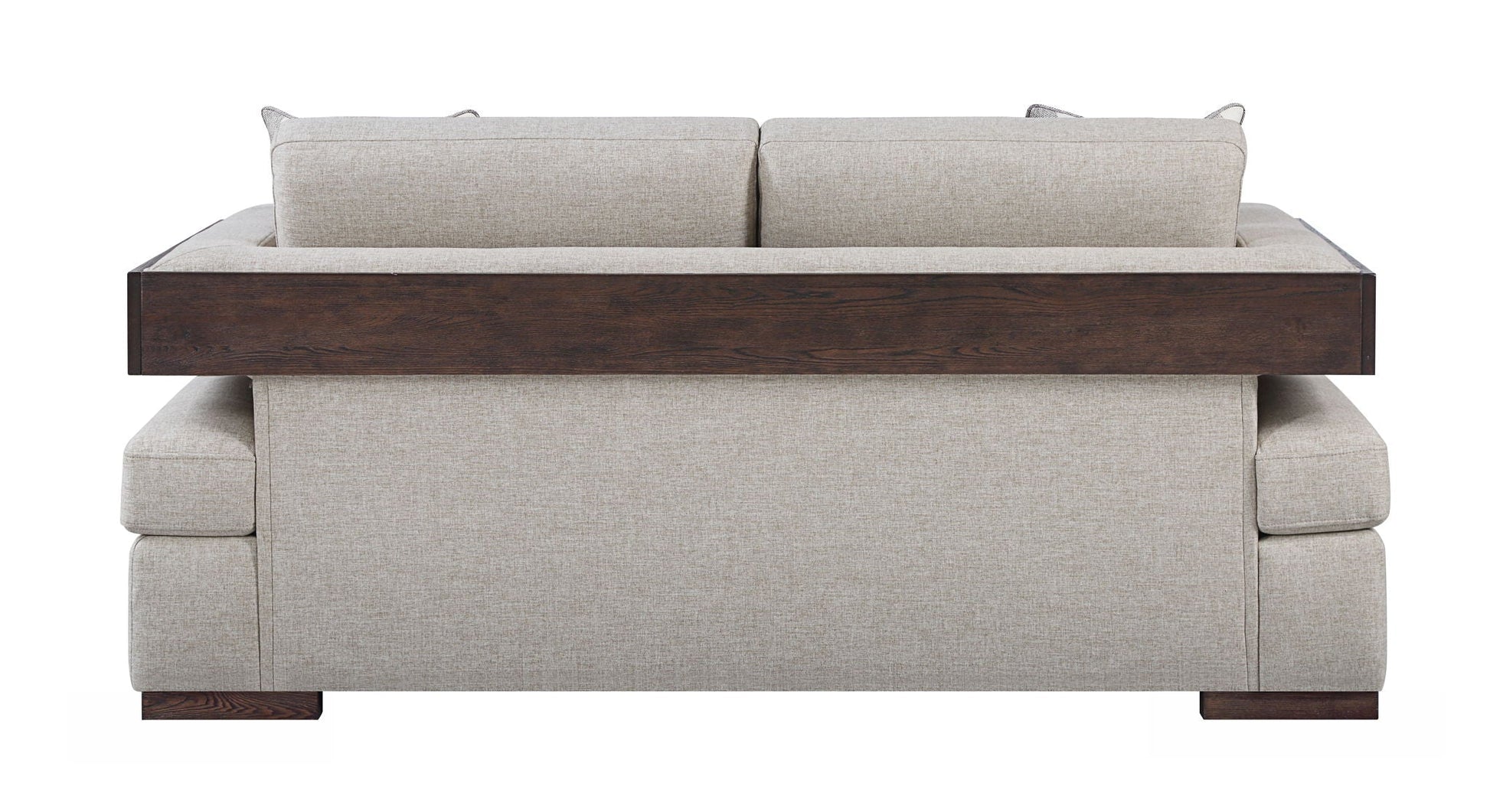 Niamey loveseat HouseOfZazla walnut wood frame with beige upholstery 2 toss pillows on Tampa Home & Garden Store