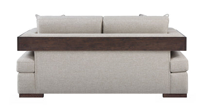 Niamey loveseat HouseOfZazla walnut wood frame with beige upholstery 2 toss pillows on Tampa Home & Garden Store