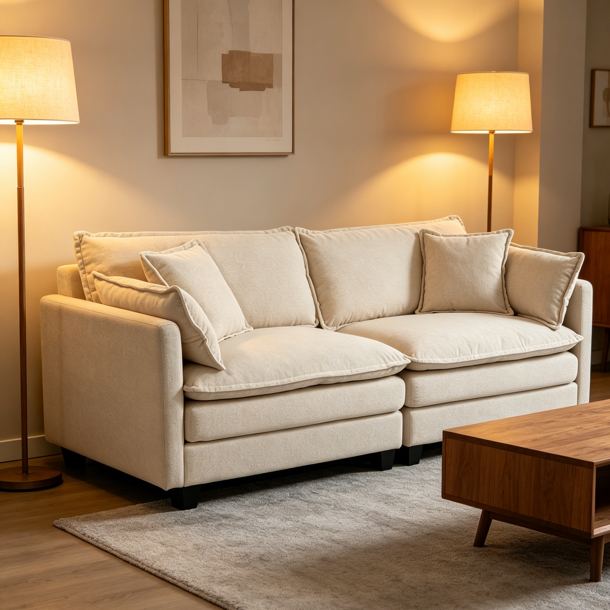 Modern 2-Seats Sectional Sofa in beige fabric with waist pillows and low black legs on Tampa Home & Garden Store
