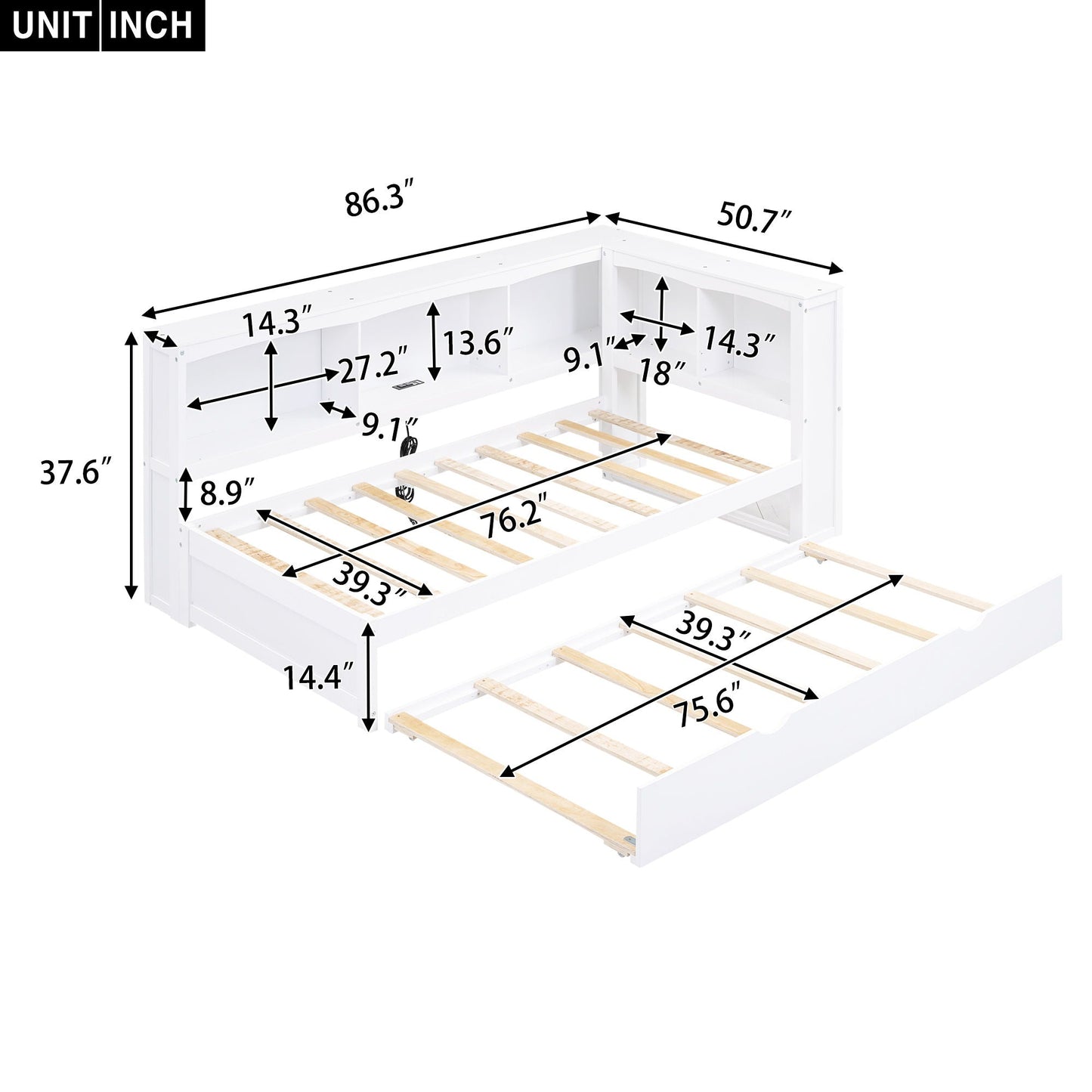 Daybed With Trundle white wood frame with storage cabinets and USB ports HouseOfZazla on Tampa Home & Garden Store