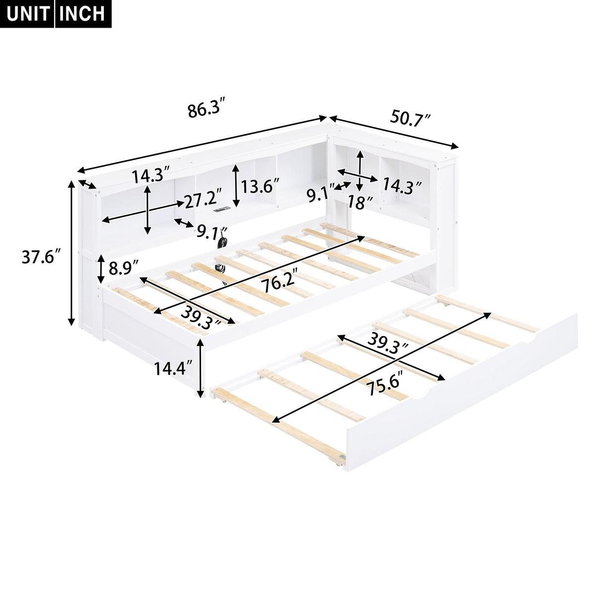 Daybed With Trundle white wood frame with storage cabinets and USB ports HouseOfZazla on Tampa Home & Garden Store