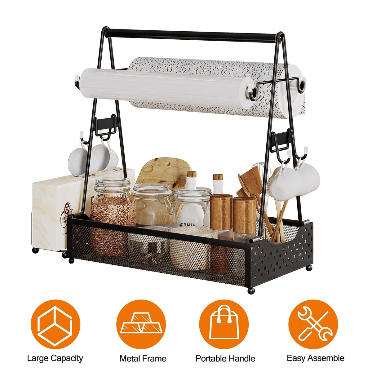 GemGear metal grill utensil caddy with paper towel holders on a black frame and mesh storage basket on Tampa Home & Garden Store