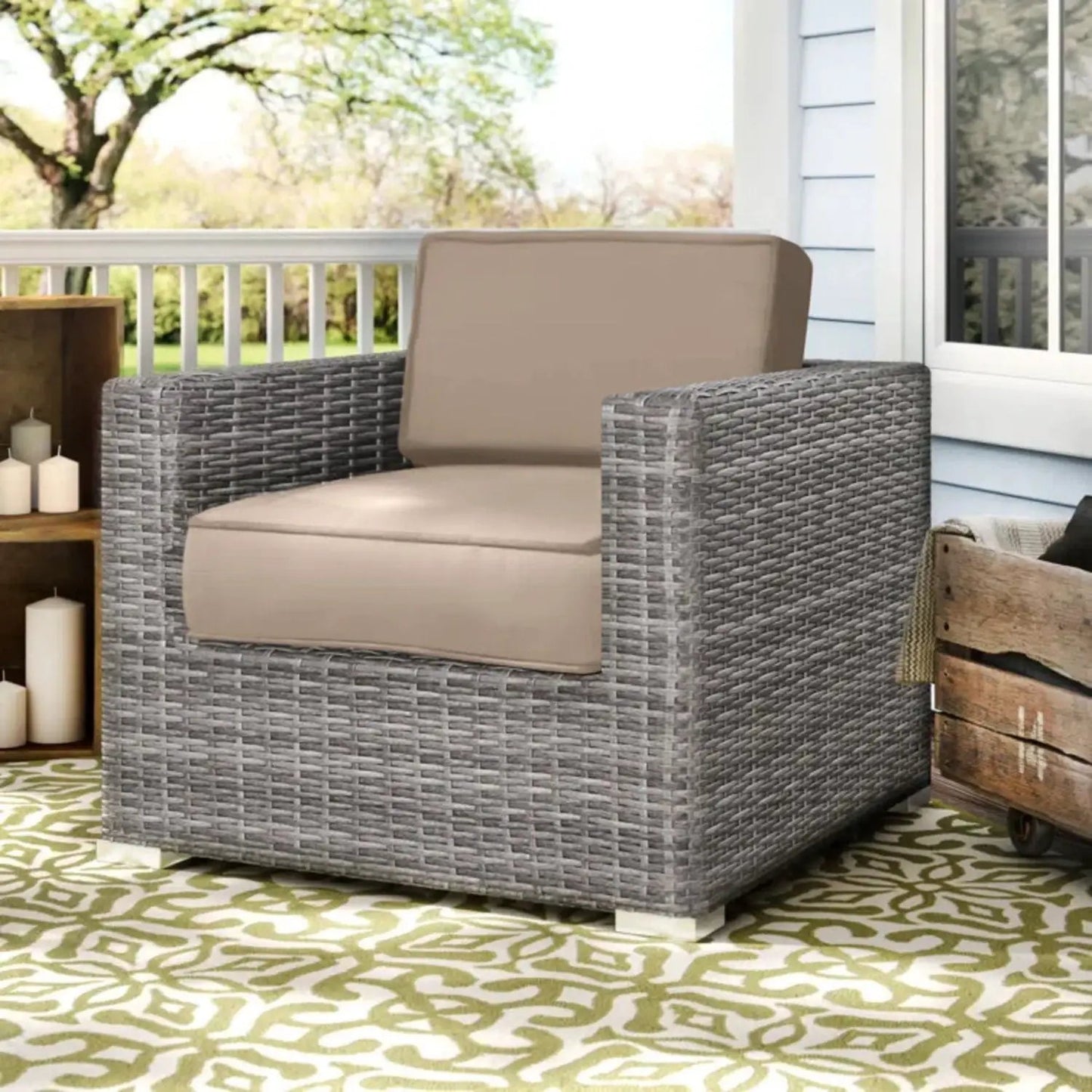 Patio armchair with beige cushions in gray wicker by Unique Piece Furniture on Tampa Home & Garden Store
