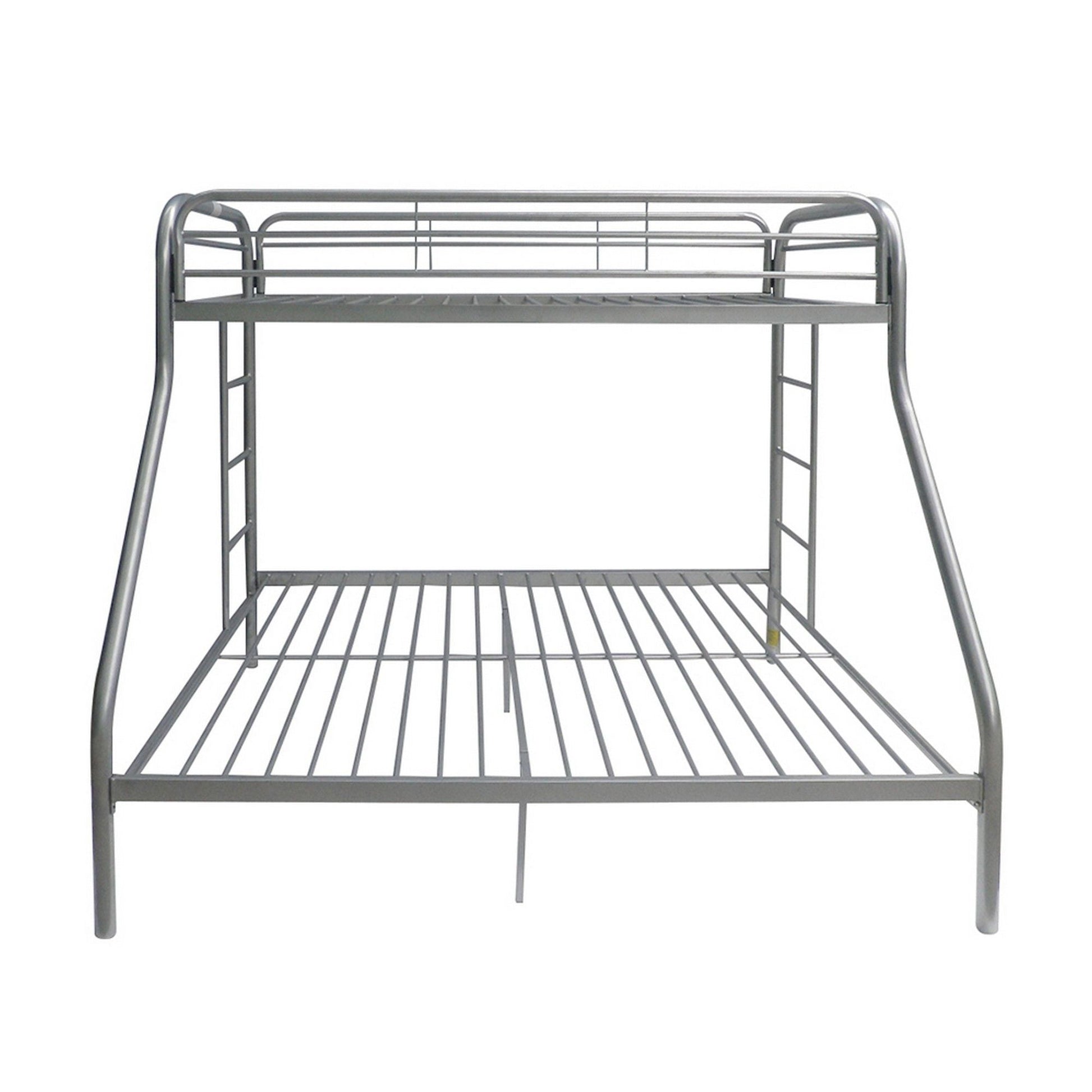 Tritan Twin/Full Bunk Bed frame in silver metal with side ladder and guard rails on Tampa Home & Garden Store