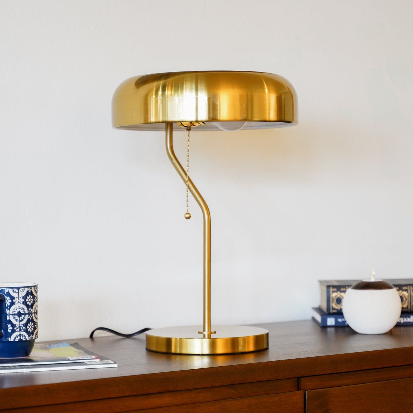 Bedside Nightstand Table Lamp - Gold, round base, pull chain on wood desk on Tampa Home & Garden Store