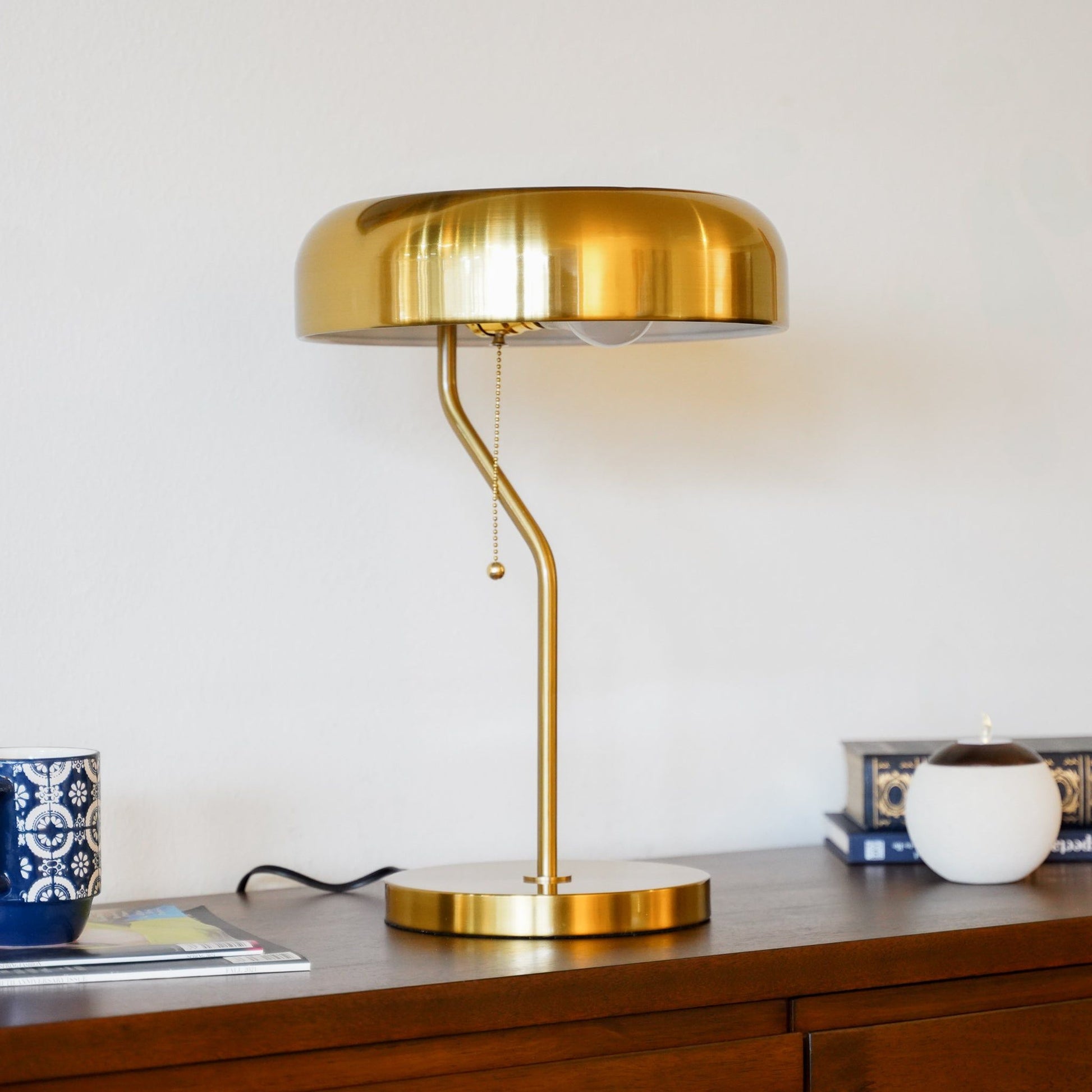 Bedside Nightstand Table Lamp - Gold, round base, pull chain on wood desk on Tampa Home & Garden Store