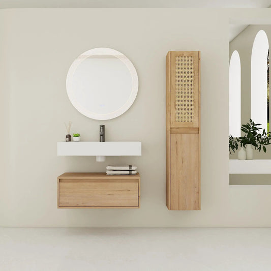 Contemporary white wall-mounted vanity with resin sink paired with oak cabinet on Tampa Home & Garden Store