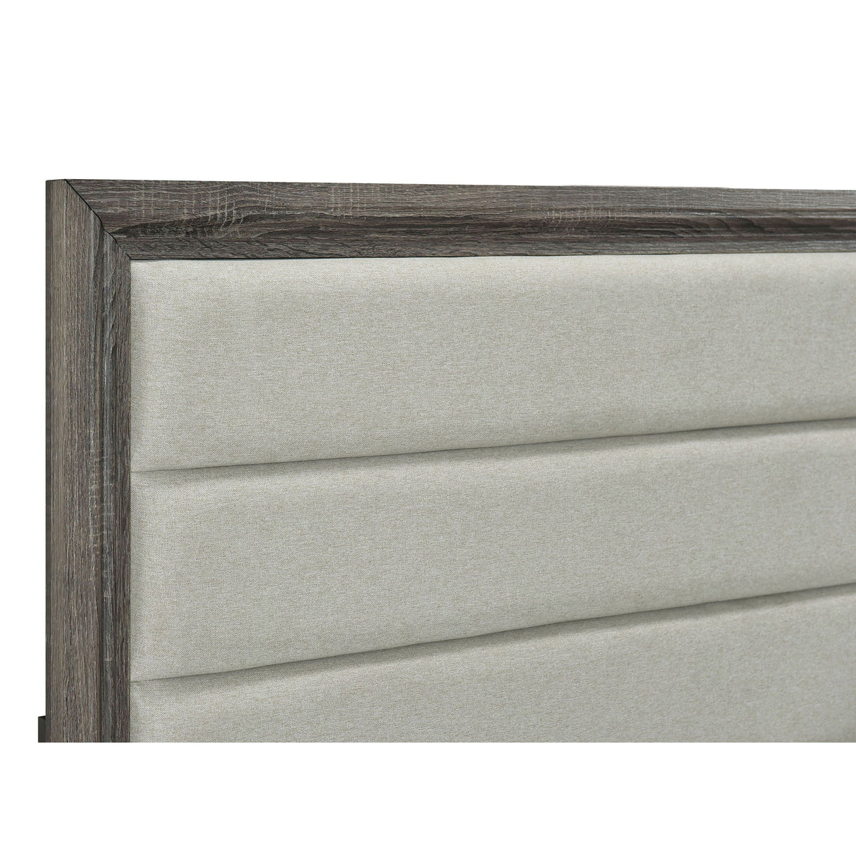 Funston Queen Bed With Headboard brown oak wood frame with beige upholstered headboard on Tampa Home & Garden Store