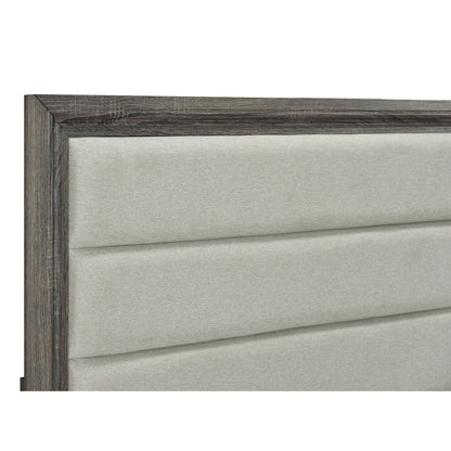 Funston Queen Bed With Headboard brown oak wood frame with beige upholstered headboard on Tampa Home & Garden Store