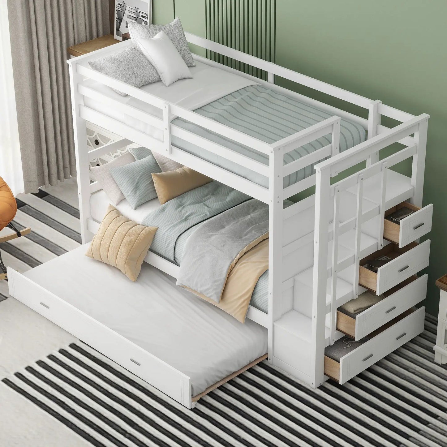 Twin over twin bunk bed with staircase and trundle in white, Unique Piece Furniture on Tampa Home & Garden Store
