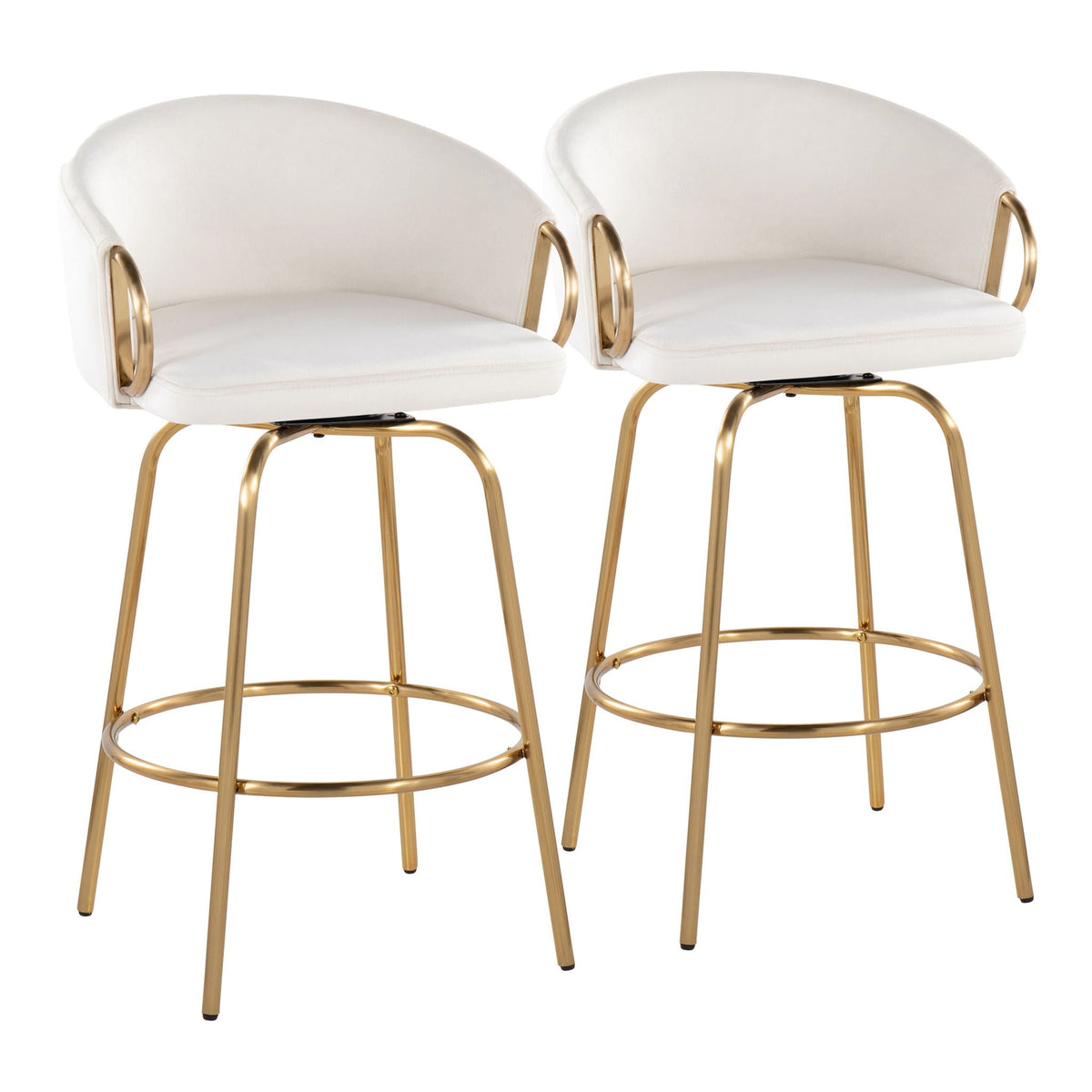 Claire Contemporary Counter Stools with Swivel, white upholstered seats, gold metal frames, set of 2 on Tampa Home & Garden Store