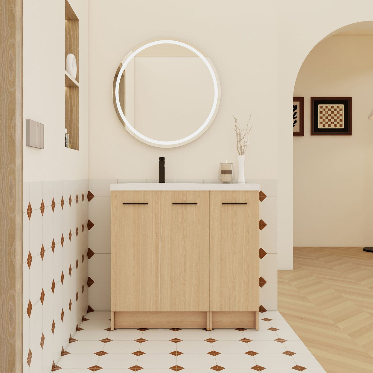Wall mounted vanity with 3-door light brown cabinet, black faucet, round backlit mirror on Tampa Home & Garden Store