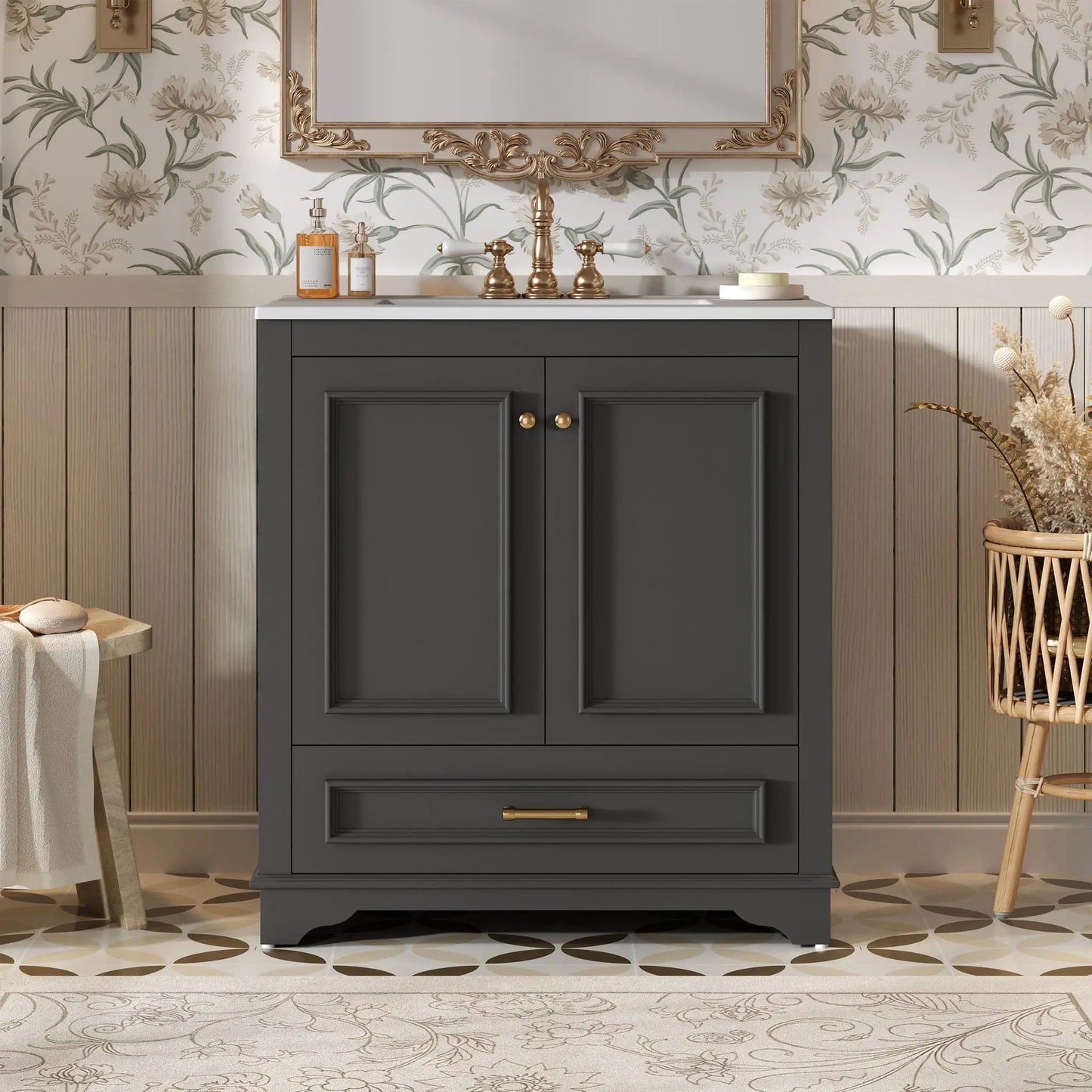 Bathroom vanity with sink in dark gray, brass hardware, 2 soft-closing doors, adjustable shelf on Tampa Home & Garden Store