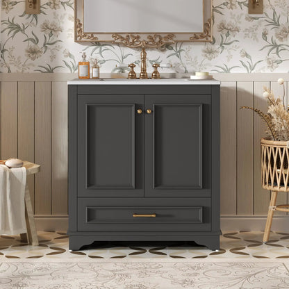 Bathroom vanity with sink in dark gray, brass hardware, 2 soft-closing doors, adjustable shelf on Tampa Home & Garden Store