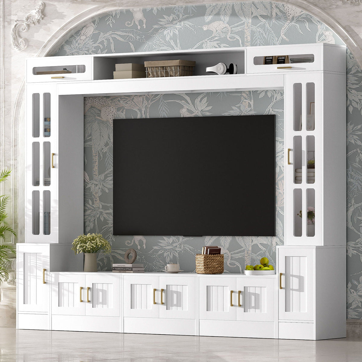 Wall Unit Entertainment Center with Glass Doors, white finish, HouseOfZazla on Tampa Home & Garden Store