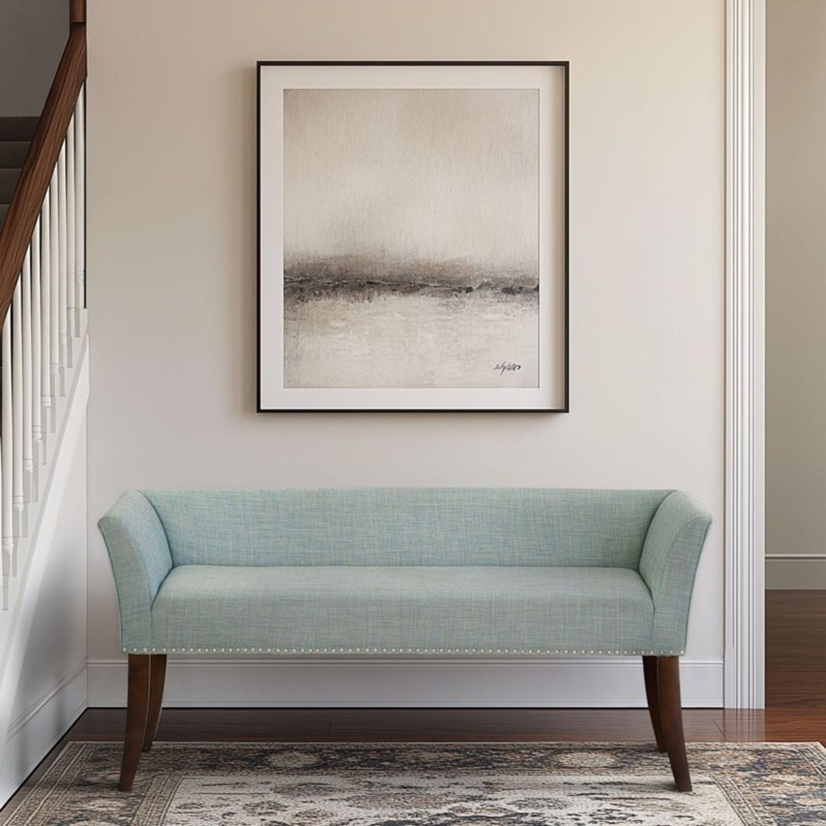 Welburn upholstered bench with low back and flared arms in blue fabric by HouseOfZazla on Tampa Home & Garden Store