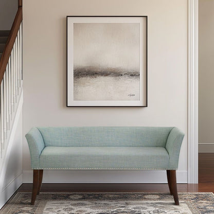 Welburn upholstered bench with low back and flared arms in blue fabric by HouseOfZazla on Tampa Home & Garden Store