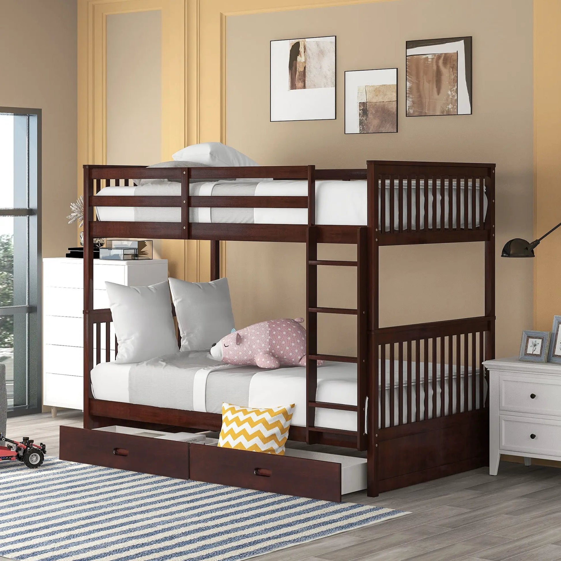 Dark wood bunk bed with ladders and 2 under-bed drawers, Unique Piece Furniture on Tampa Home & Garden Store