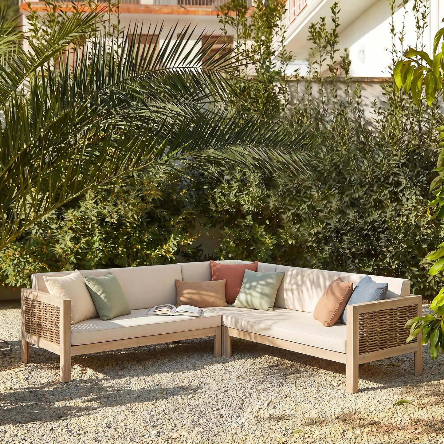 Emir Acacia 5 Seater Sofa Conversational Sets in natural acacia with beige cushions and pastel pillows on Tampa Home & Garden Store