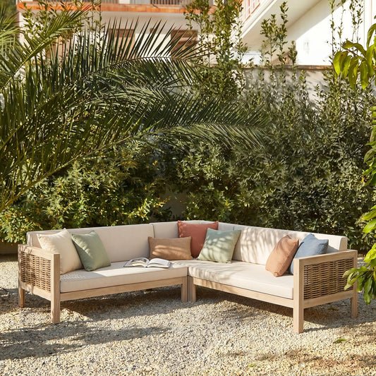 Emir Acacia 5 Seater Sofa Conversational Sets in natural acacia with beige cushions and pastel pillows on Tampa Home & Garden Store