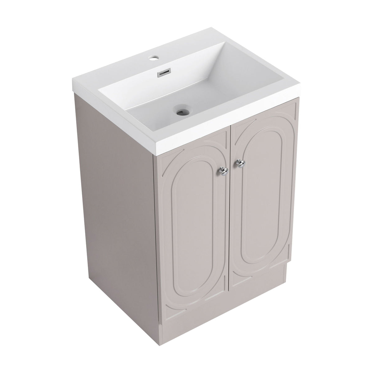 Freestanding vanity with resin sink and two-door cabinet doors, white countertop, gray base on Tampa Home & Garden Store