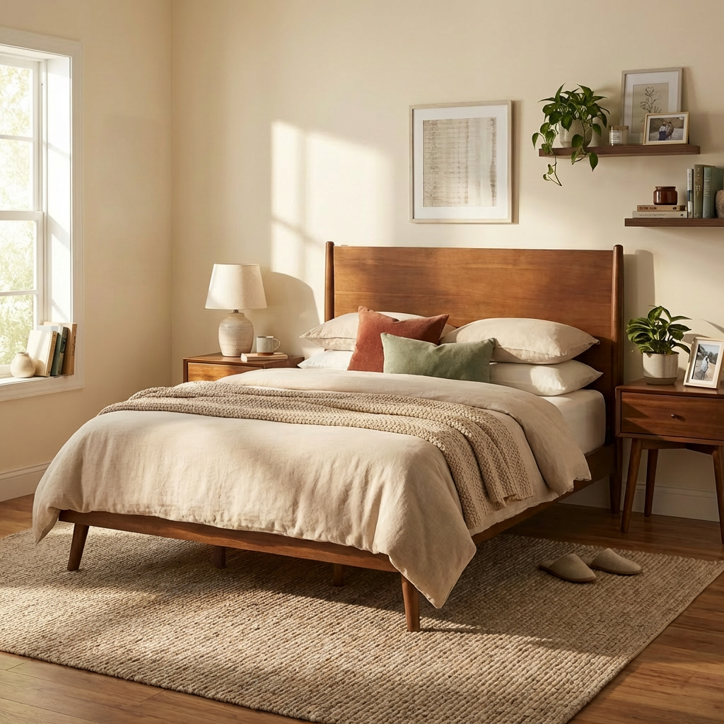 Cohron solid wood platform bed frame queen in warm walnut finish HouseOfZazla on Tampa Home & Garden Store