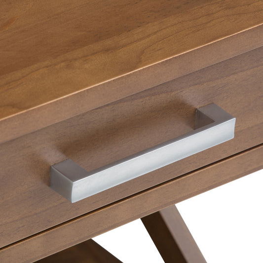 Kitchener end table medium saddle brown wood with brushed metal bar pull on Tampa Home & Garden Store