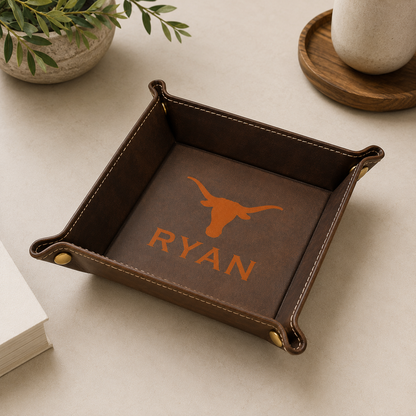 Texas Longhorn Burnt Orange Leather Catchall Tray by Ryans Woodworking, brass rivets on Tampa Home & Garden Store