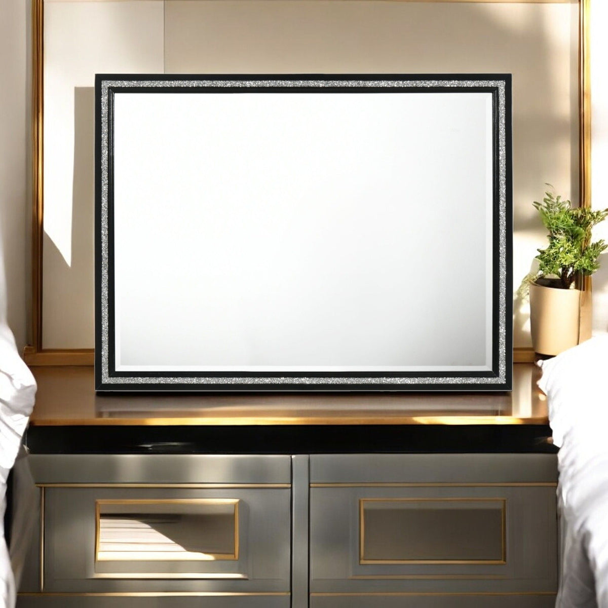 Haiden Weathered Mirror with Beveled Glass Black framed mirror with glittering inner border on Tampa Home & Garden Store