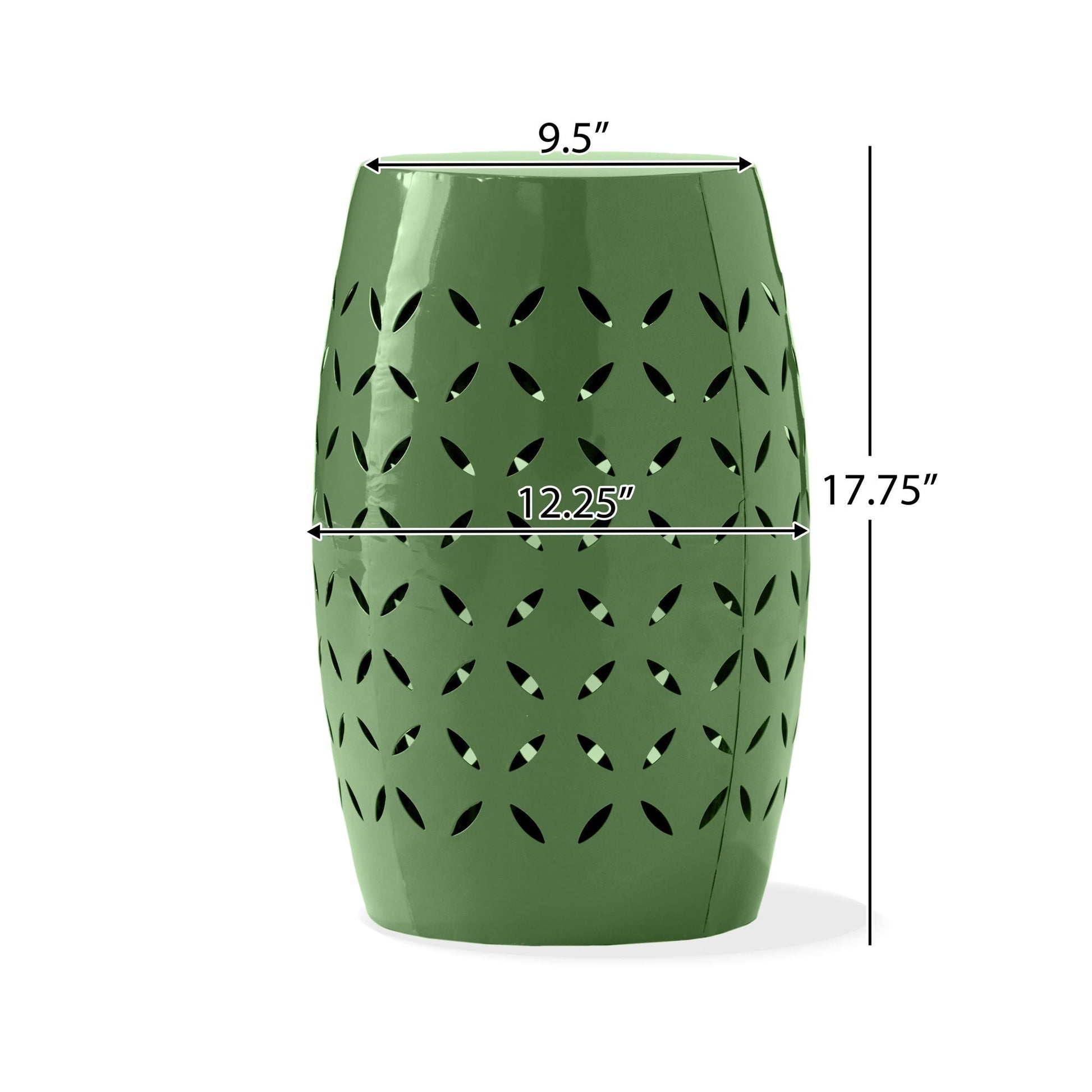 HouseOfZazla outdoor barrel-shaped side table in green with leaf-pattern perforations on Tampa Home & Garden Store