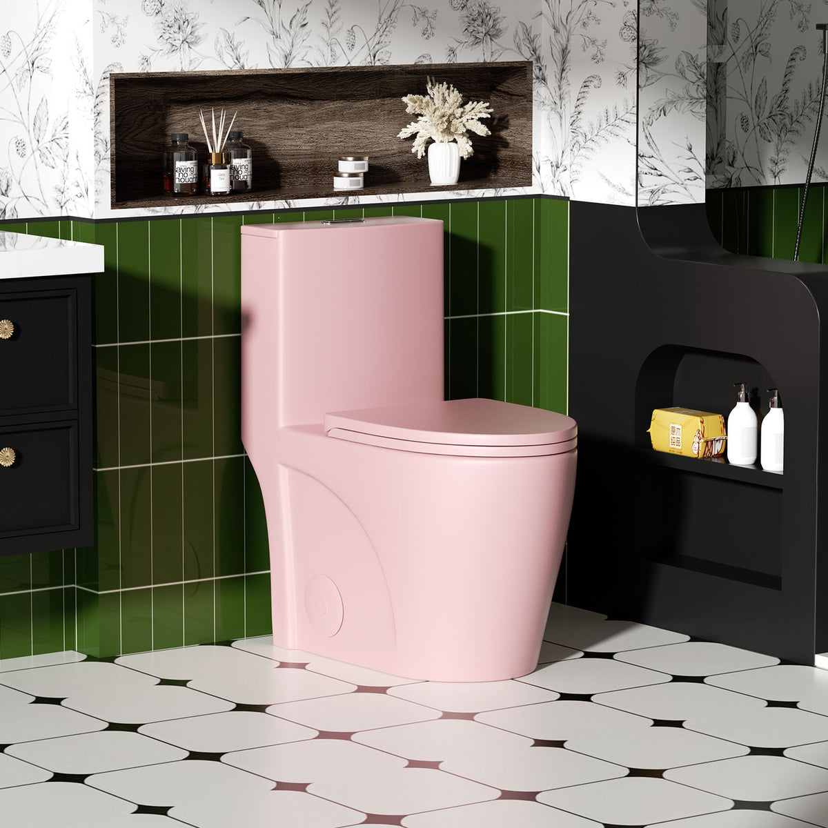 1-piece pink toilet with tornado and dual flush, ADA height bathroom fixture on Tampa Home & Garden Store