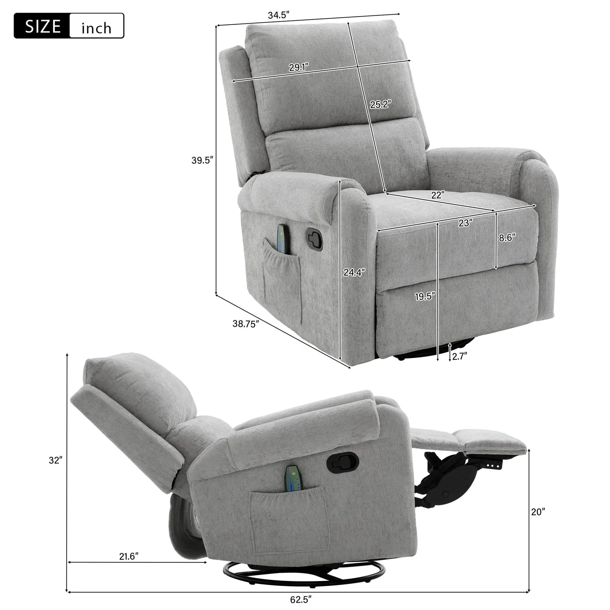 Manual recliner massage chair with swivel rocker, gray fabric, 8 massage modes, side pocket on Tampa Home & Garden Store
