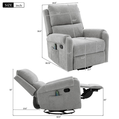 Manual recliner massage chair with swivel rocker, gray fabric, 8 massage modes, side pocket on Tampa Home & Garden Store